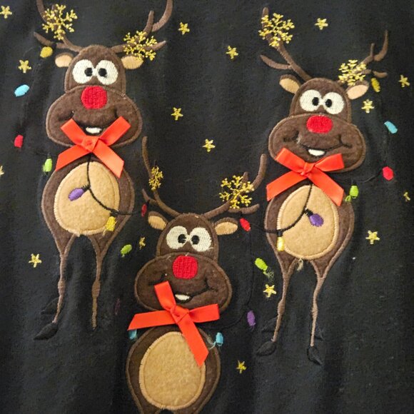 Long sleeve black christmas holiday novelty top three cute reindeer red bows L - Picture 4 of 8